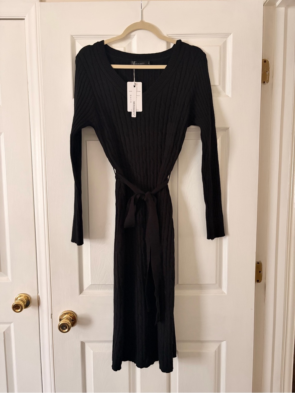 Ribbed V-Neck Tie-Waist Sweater Dress - Black